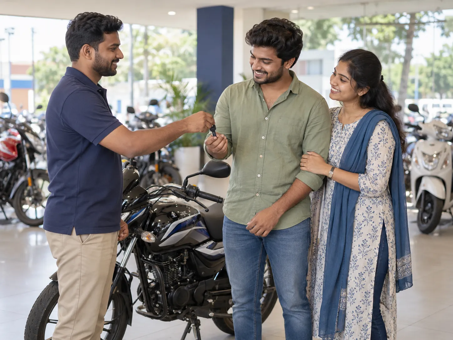 A seller handing over motorcycle keys at the showroom after an agreed deal